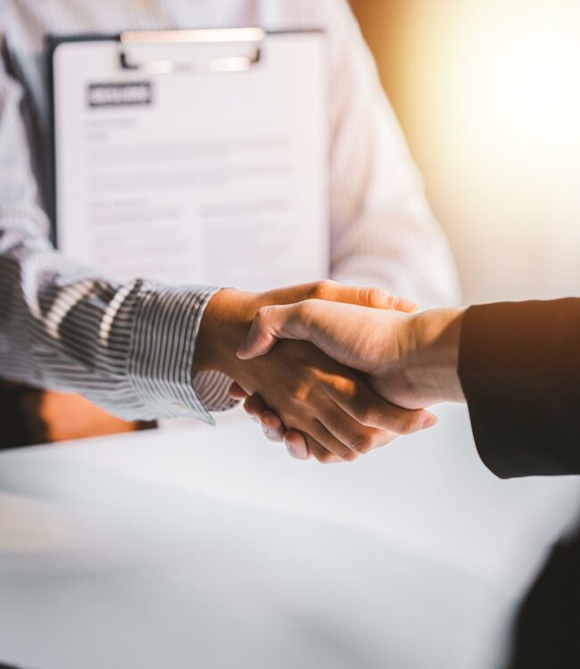 Interview, shake hands, agree to work and send resume to staff. employee job application concept